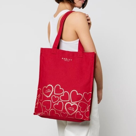 Radley London Love Token Canvas Tote Bag Scottie Dog Gold Hearts Red - Picture 4 of 13